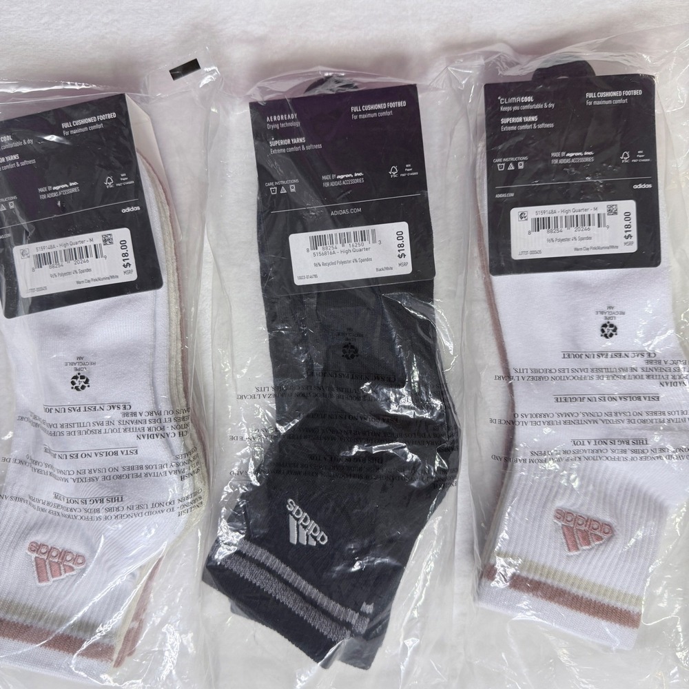 Adidas Socks High Quarter Cushioned Aeroready Pink Black White 9 Pairs Size 5-10